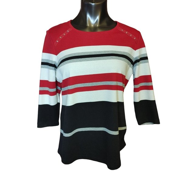 Karen Scott Sport Womens Petite L Red White Blue Embellished Striped Top Sweater - Picture 1 of 4